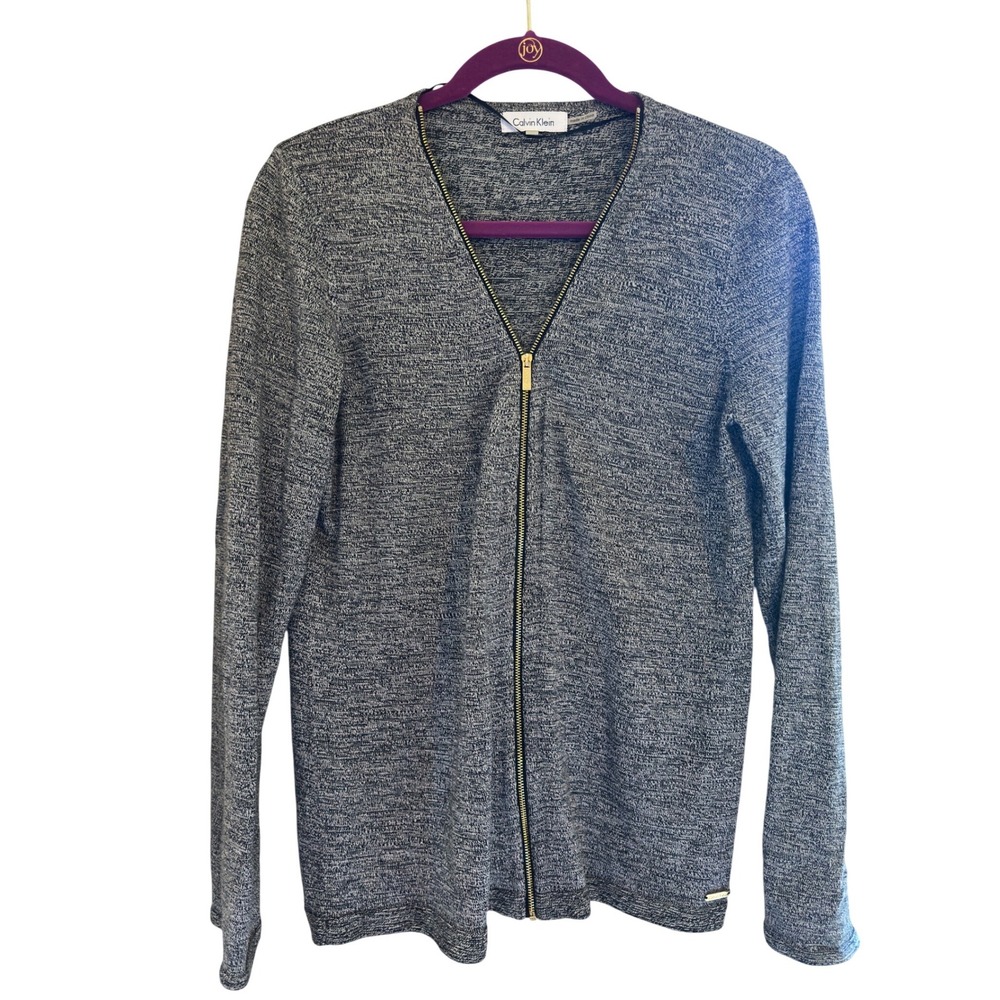 Calvin Klein Zip Cardigan Grey Marled‎ Knit Gold Hardware Medium